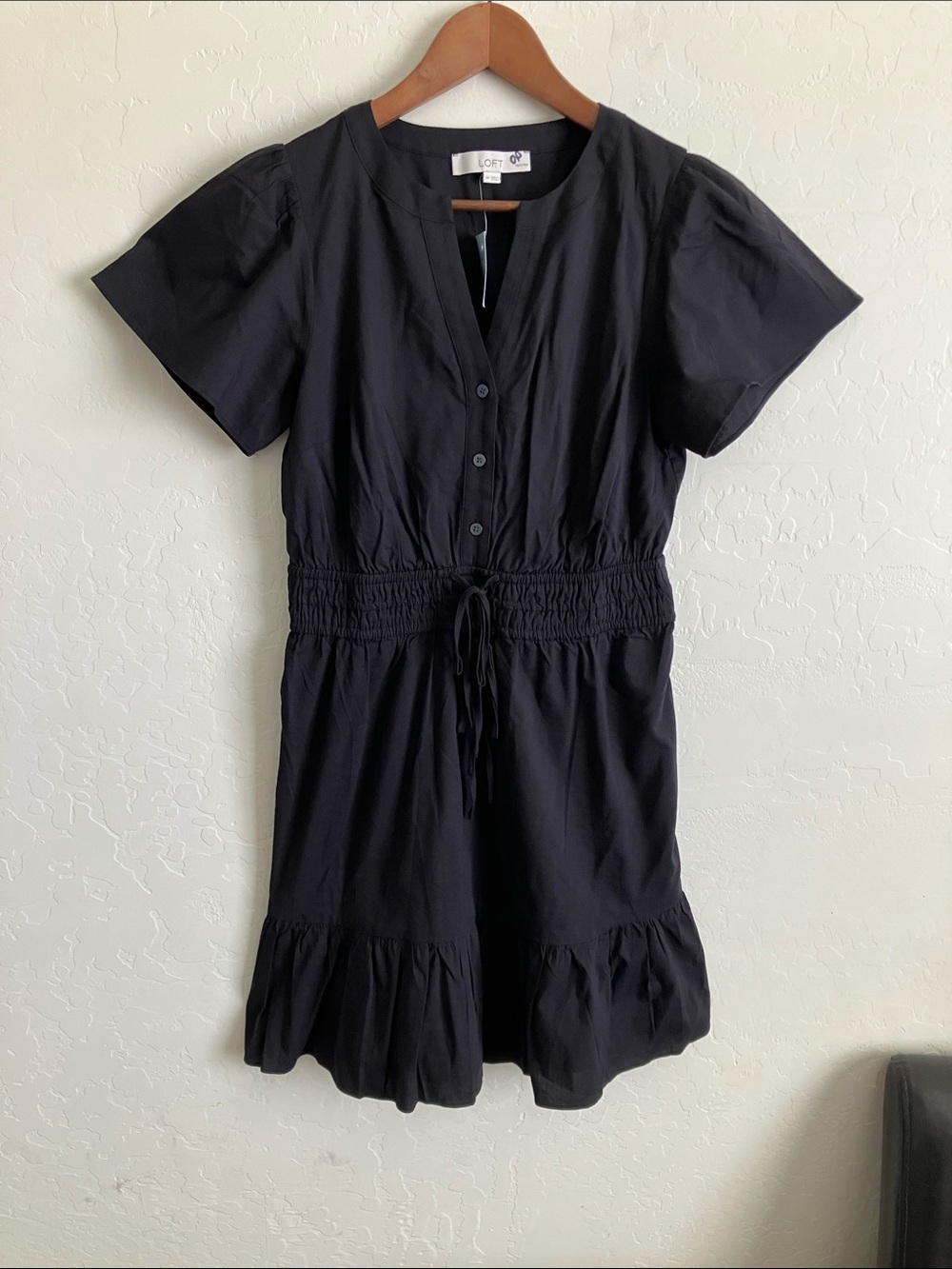 NEW LOFT Womens Petite PM Dress Black Short Sleeve Smocked Tie Waist Flounce Hem